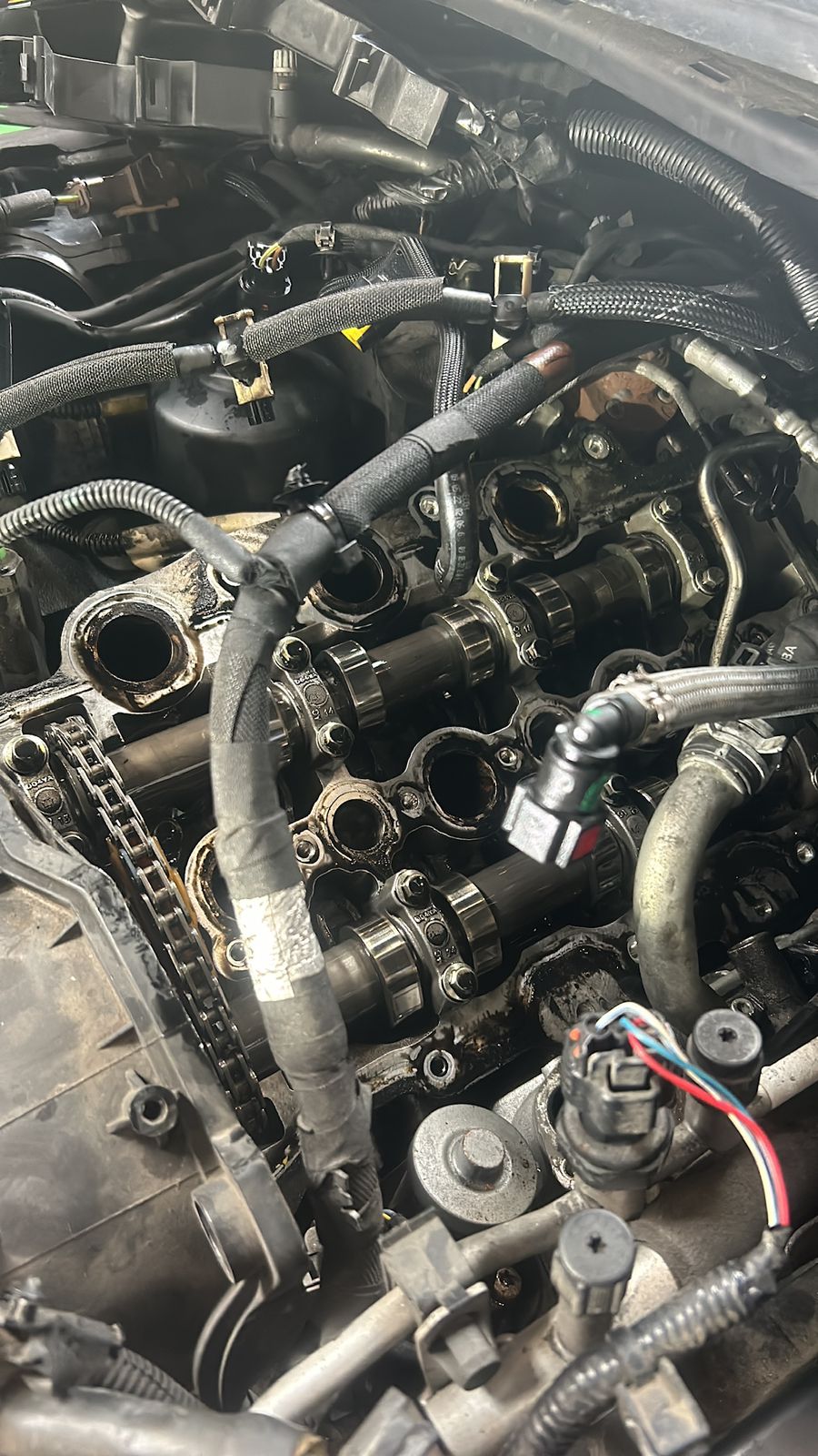 Engine timing components opened for detailed inspection