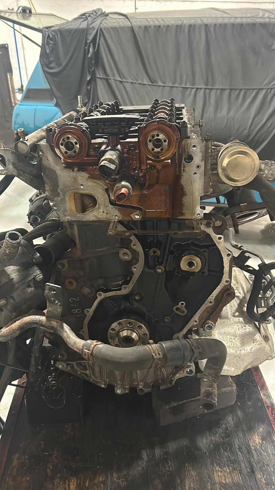 Engine assembly opened for internal inspection